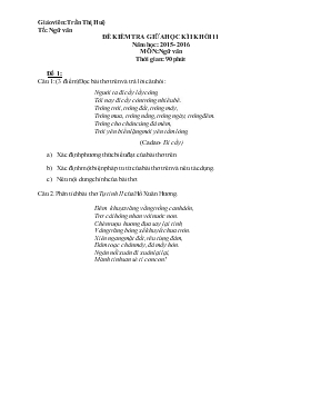 Đề kiểm tra giữa học kì I khối 11 năm học 2015 - 2016 môn Ngữ văn - Trần Thị Huệ